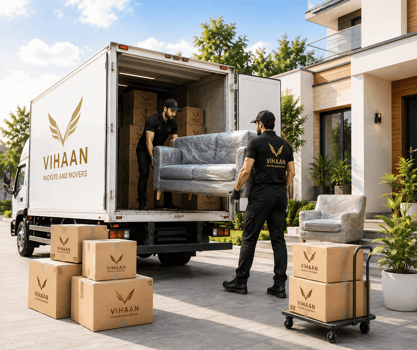 A Vihaan crew carrying a wrapped sofa into a branded truck outside a house, with labelled cartons stacked on the driveway